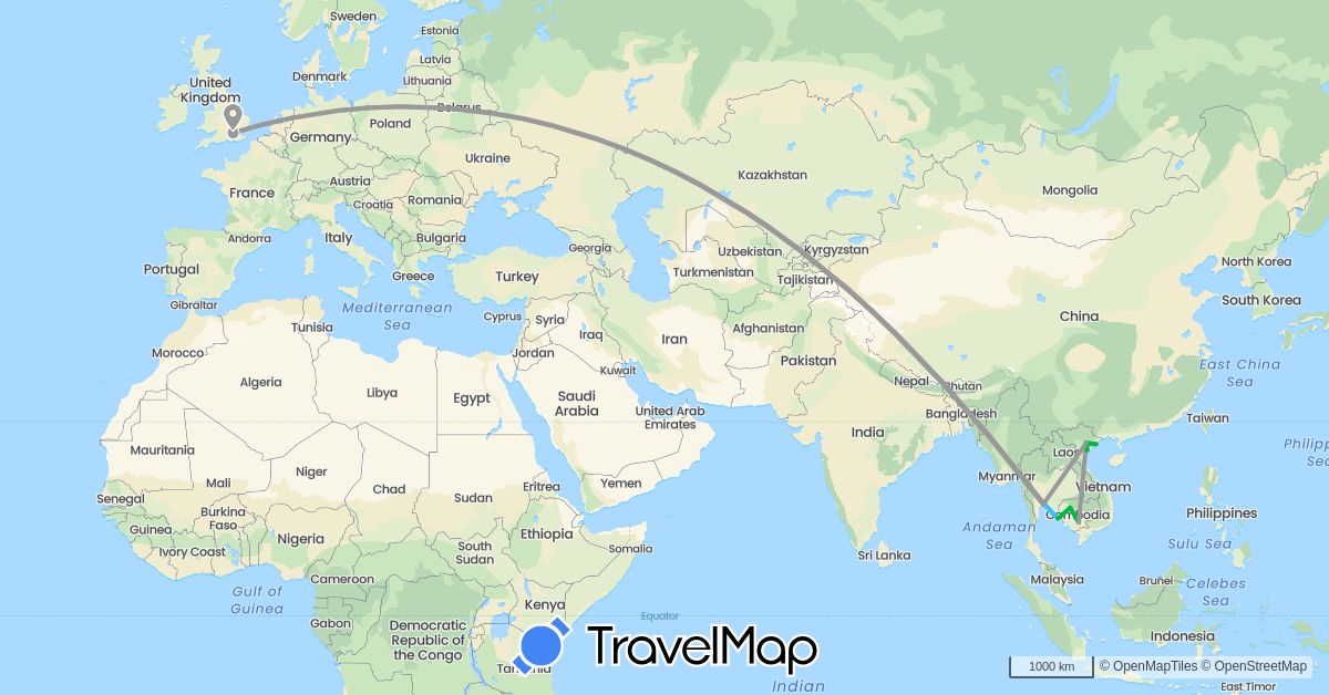 TravelMap itinerary: bus, plane, boat in United Kingdom, Cambodia, Thailand, Vietnam (Asia, Europe)